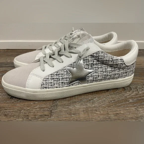Vintage Havana White and Gray Sneakers with Star & Tweed Detail, Sz Women 11 - Picture 2 of 5